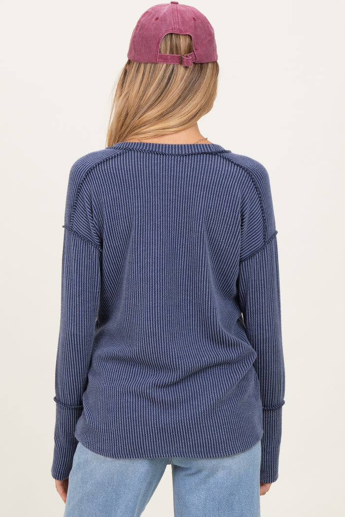 Light Navy Textured Rib Thumb Hole Maternity Long Sleeve Top