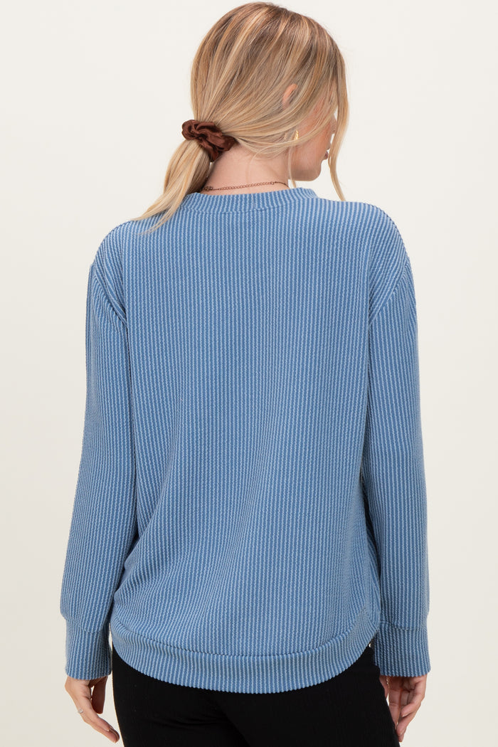 Dusty Blue Textured Rib Crew Neck Long Sleeve