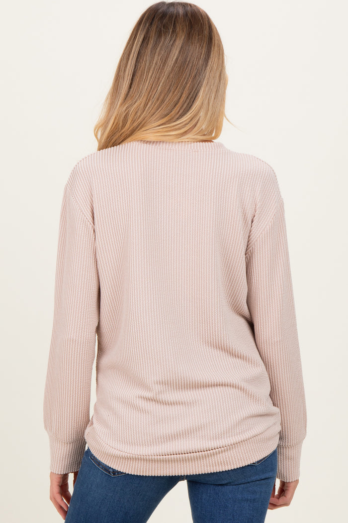 Beige Textured Rib Crew Neck Maternity Long Sleeve