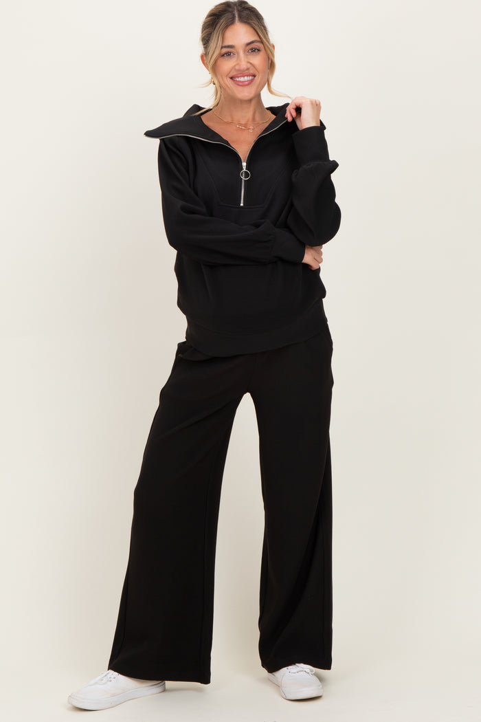 Black Ribbed Half Zip Pullover Wide Leg Pant Maternity Set