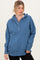 woman wearing a blue hoodie with a buttoned neckline and a relaxed fit
