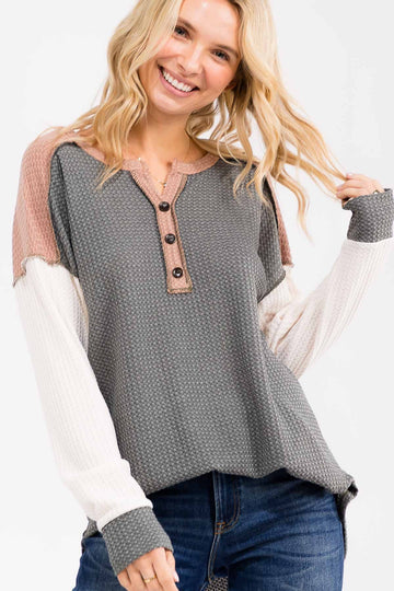 Olive Colorblock Relaxed Waffle Knit Henley