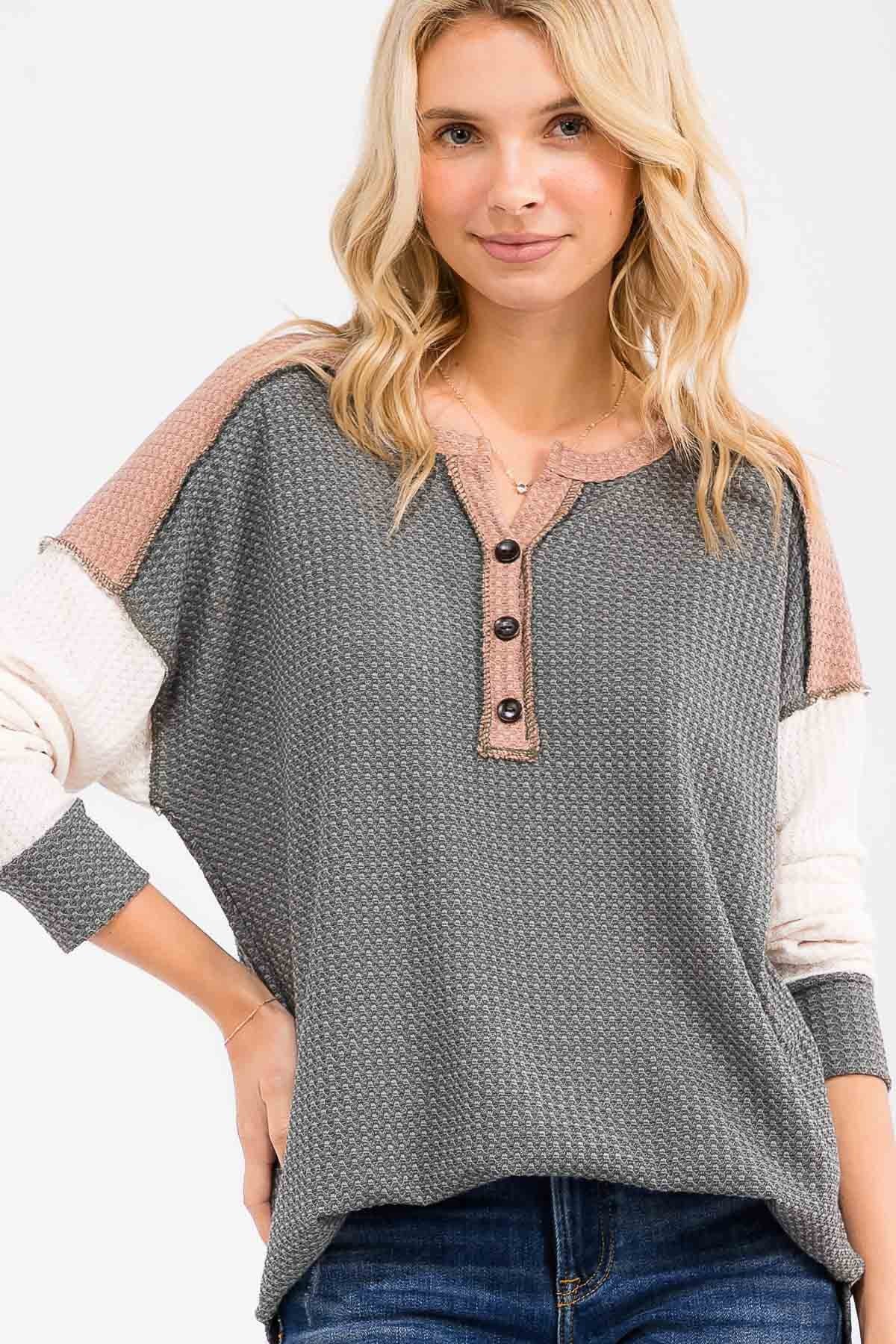 Olive Colorblock Relaxed Waffle Knit Maternity Henley