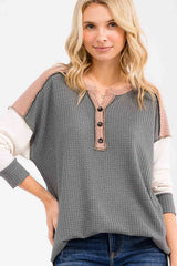 Olive Colorblock Relaxed Waffle Knit Maternity Henley