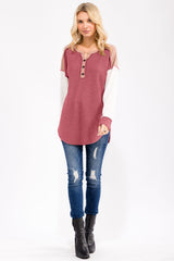 Burgundy Colorblock Relaxed Waffle Knit Henley