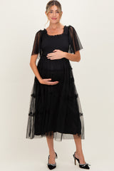 Black Ruffled Mesh Maternity Maxi Dress