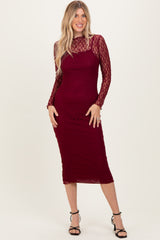 Burgundy Lace Overlay Fitted Midi Dress