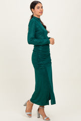 Green Sequin Long Sleeve Mock Neck Maxi Dress