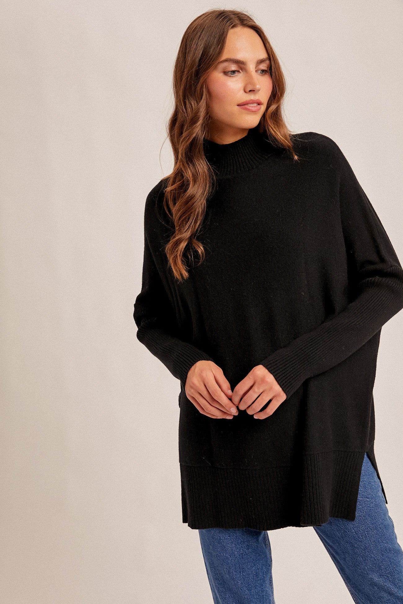 Black Mock Neck Oversized Sir Slit Sweater Top