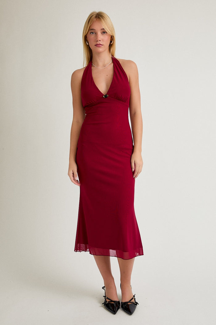 Red Mesh Pendant Halter Maternity Midi Dress