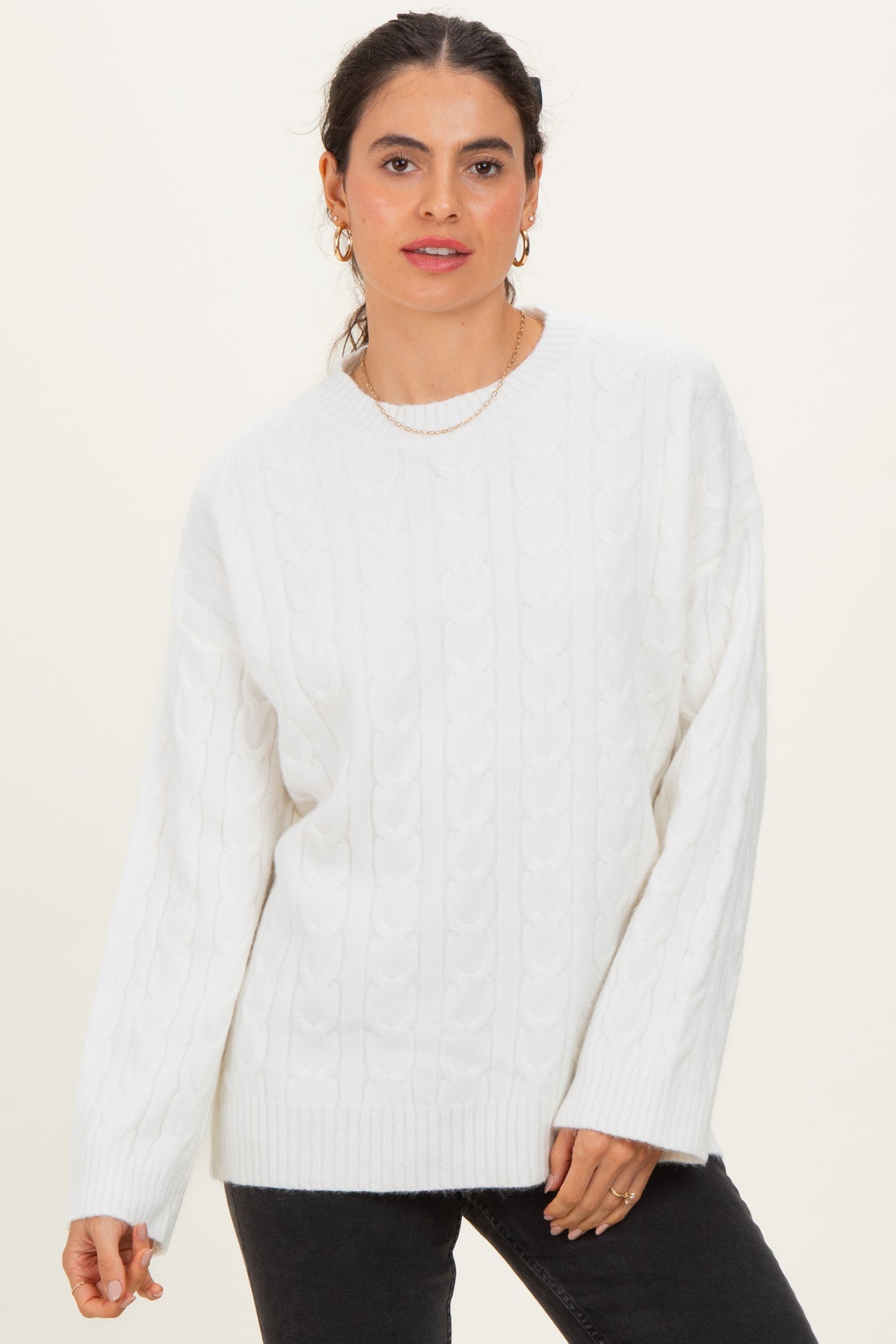 Ivory Braid Knit Pattern Soft Fluffy Maternity Sweater Top