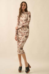 Cream Floral Mesh Long Sleeve Maternity Midi Dress