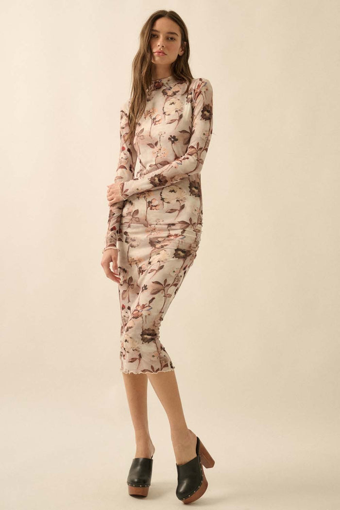 Cream Floral Mesh Long Sleeve Maternity Midi Dress