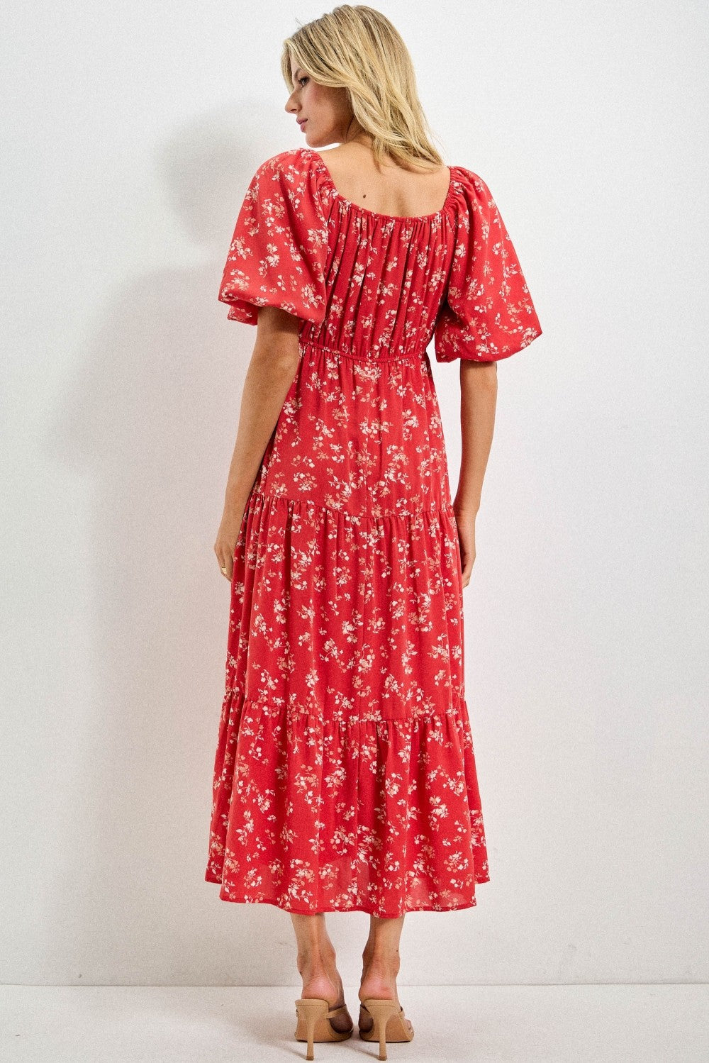 Red Floral Tiered Puff Sleeve Midi Dress
