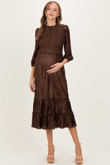Brown Pleated Satin Smocked Bodice Maternity Midi Dress