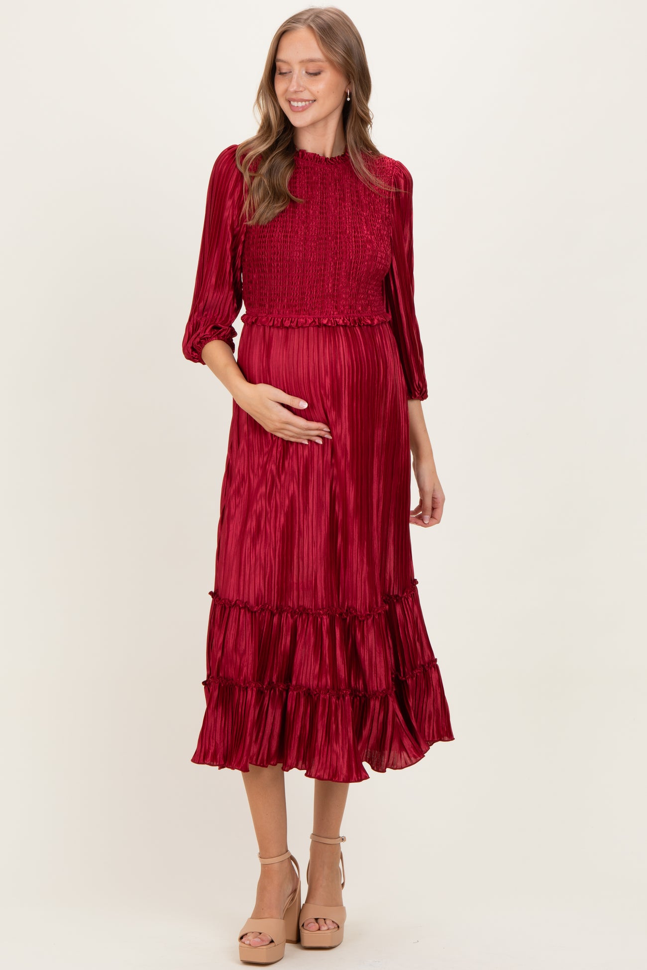 Burgundy Pleated Satin Smocked Bodice Maternity Midi Dress