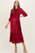 Burgundy Pleated Satin Smocked Bodice Maternity Midi Dress