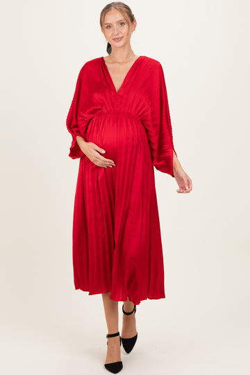 Red Satin Pleated V-Neck Maternity Maxi Dress