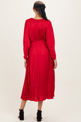 Red Satin Pleated V-Neck Maternity Maxi Dress