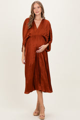 Brown Satin Pleated V-Neck Maternity Maxi Dress