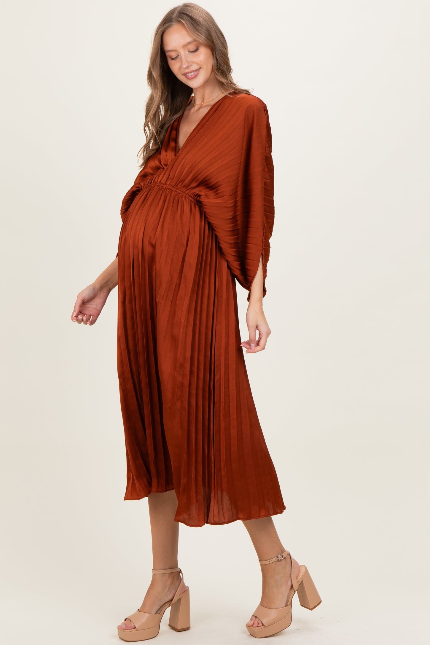 Brown Satin Pleated V-Neck Maternity Maxi Dress
