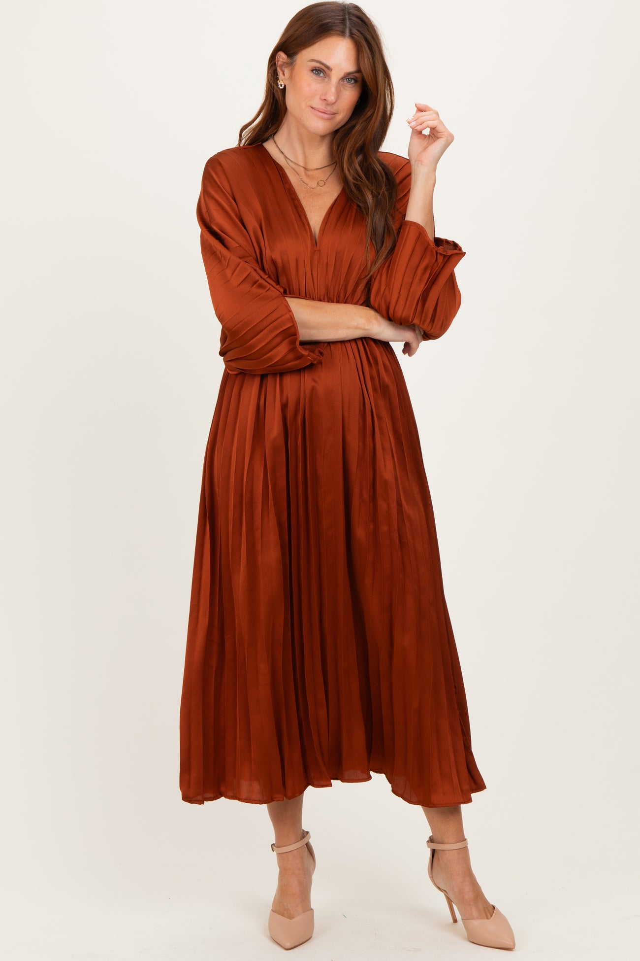 Brown Satin Pleated V-Neck Maternity Maxi Dress