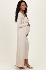 Taupe Ribbed Sleeveless Dress Cardigan Maternity Set