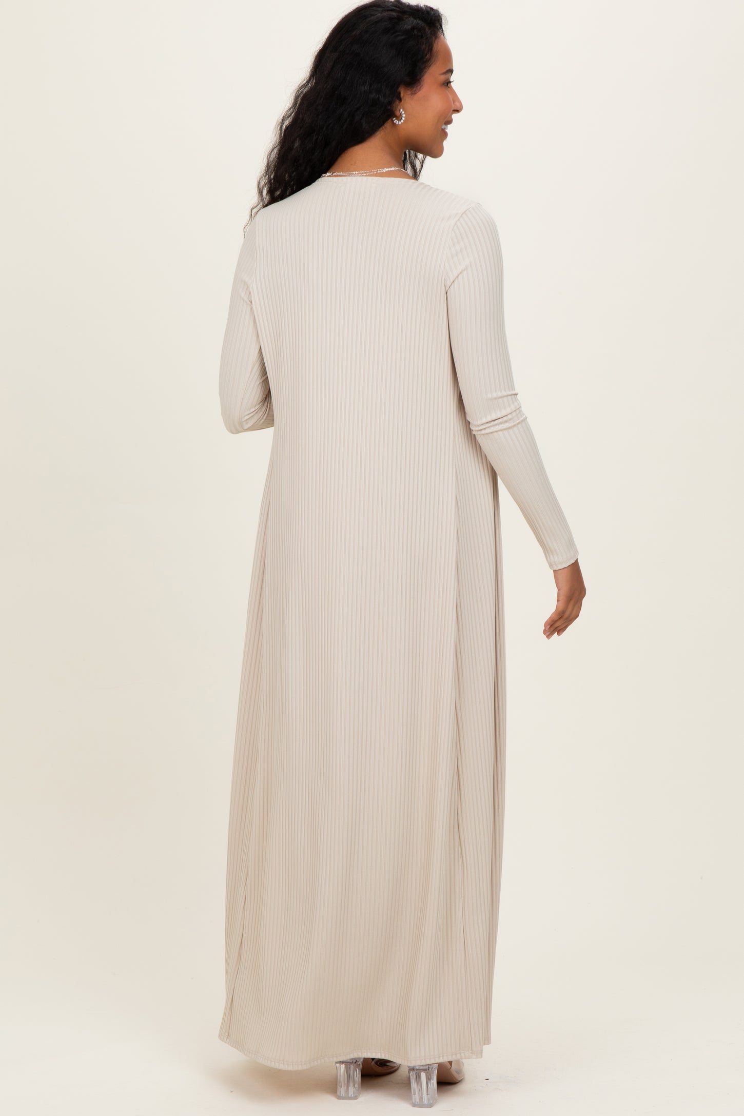Taupe Ribbed Sleeveless Dress Cardigan Maternity Set