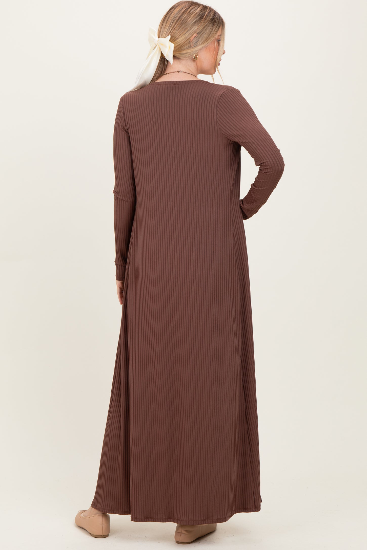 Brown Ribbed Sleeveless Dress Cardigan Set