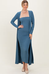 Navy Ribbed Sleeveless Dress Cardigan Maternity Set