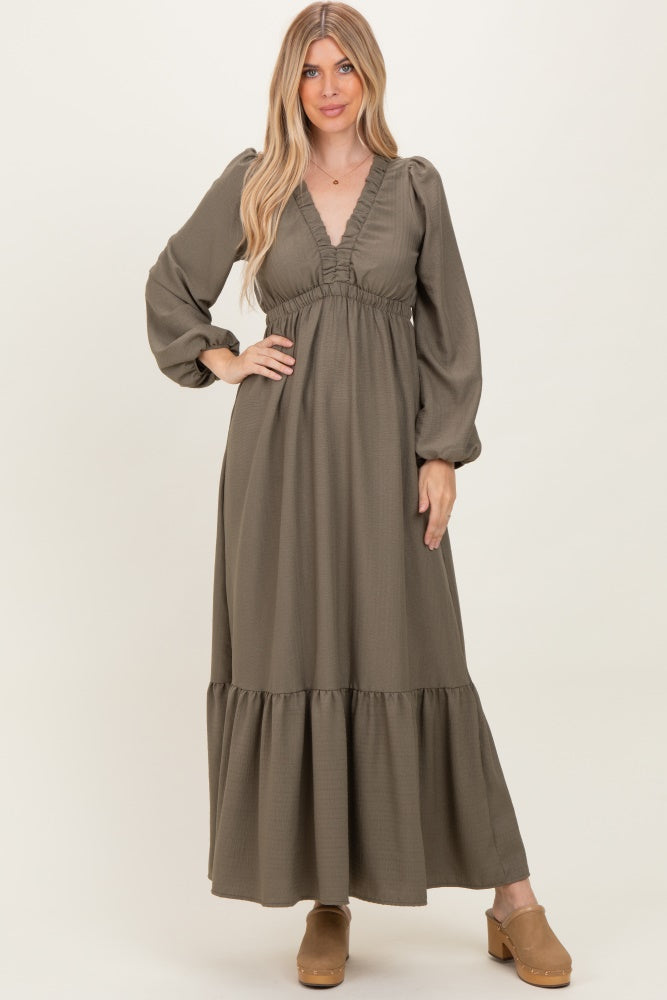 Forest Green Long Sleeve V-Neck Tiered Maternity Maxi Dress