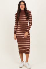 Brown Striped Turtleneck Midi Sweater Dress