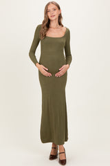 Olive Square Neck Long Sleeve Maternity Maxi Dress