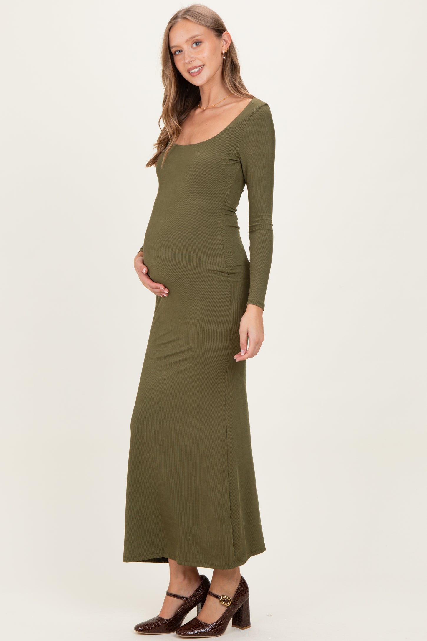 Olive Square Neck Long Sleeve Maternity Maxi Dress