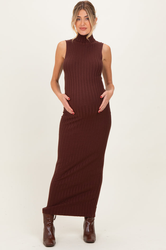 Brown Turtleneck Ribbed Knit Sleeveless Maternity Maxi Dress