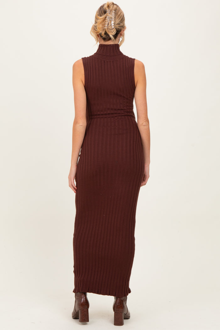 Brown Turtleneck Ribbed Knit Sleeveless Maternity Maxi Dress