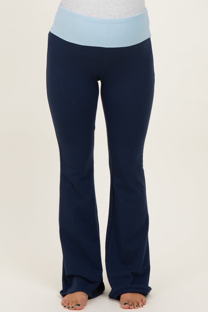 maternity wear navy blue flared pants with a light blue waistband, model not visible