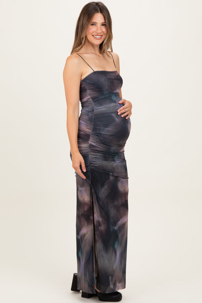 Charcoal Printed Mesh Ruched Sleeveless Maternity Maxi Dress