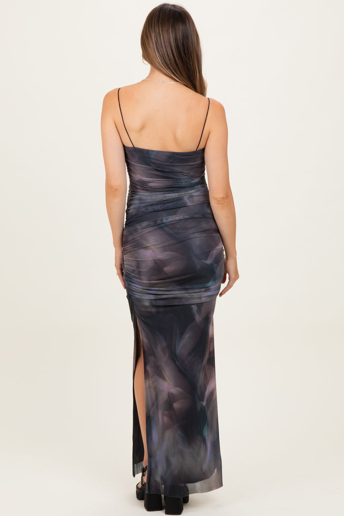 Charcoal Printed Mesh Ruched Sleeveless Maternity Maxi Dress