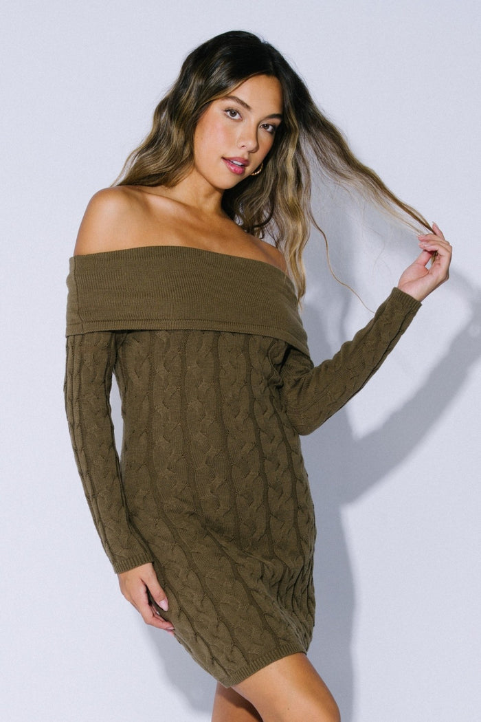 Olive Cable Knit Off Shoulder Mini Sweater Dress