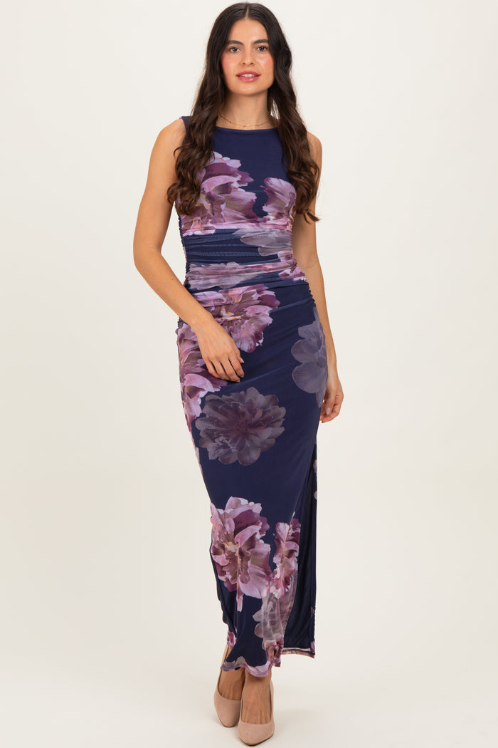 Navy Floral Ruched Sleeveless Midi Dress