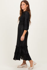 Black Pleated Satin Smocked Bodice Midi Dress