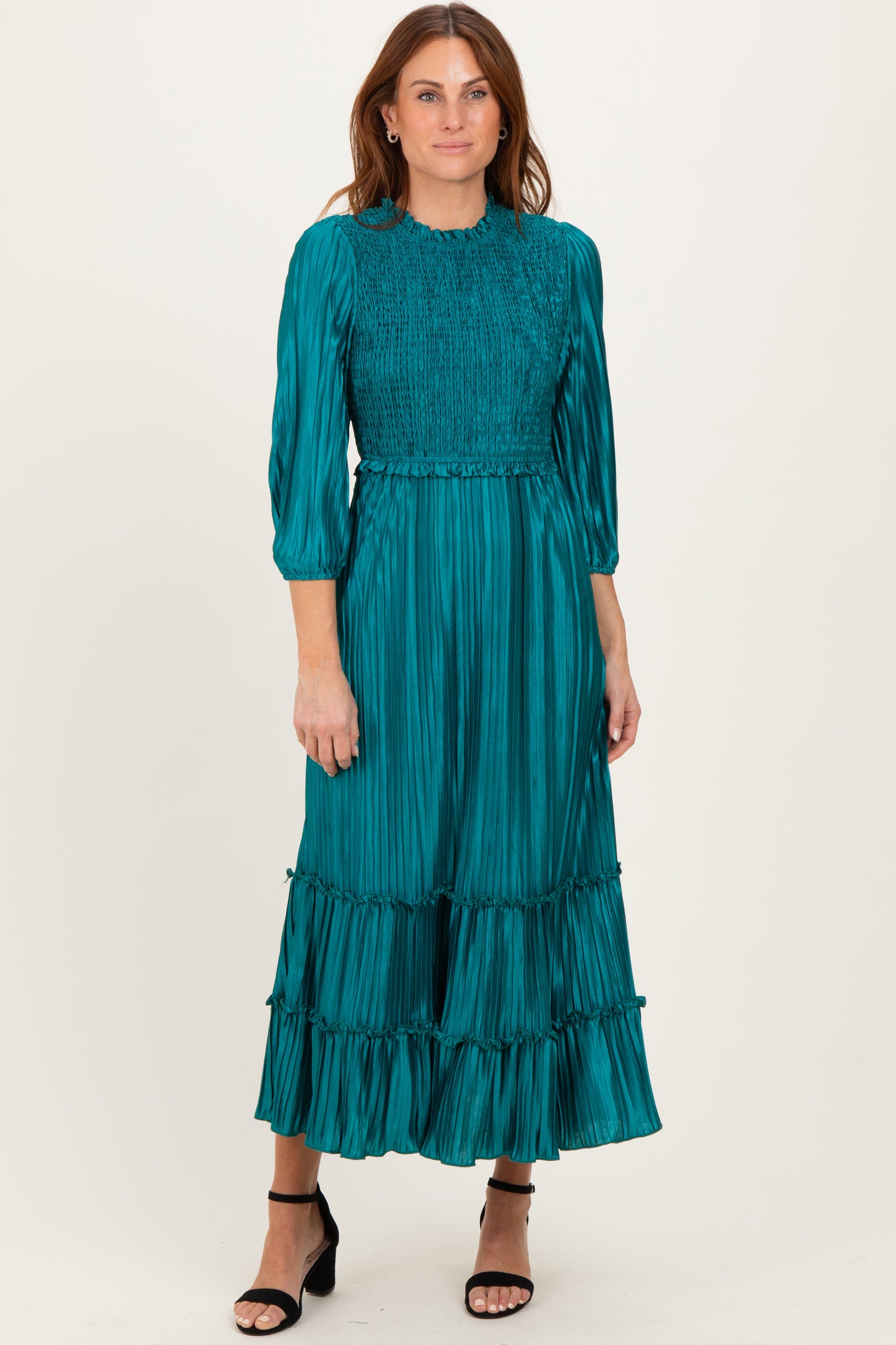 Forest Green Pleated Satin Smocked Bodice Midi Dress