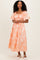 Peach Floral Textured Puff Sleeve Midi Dress
