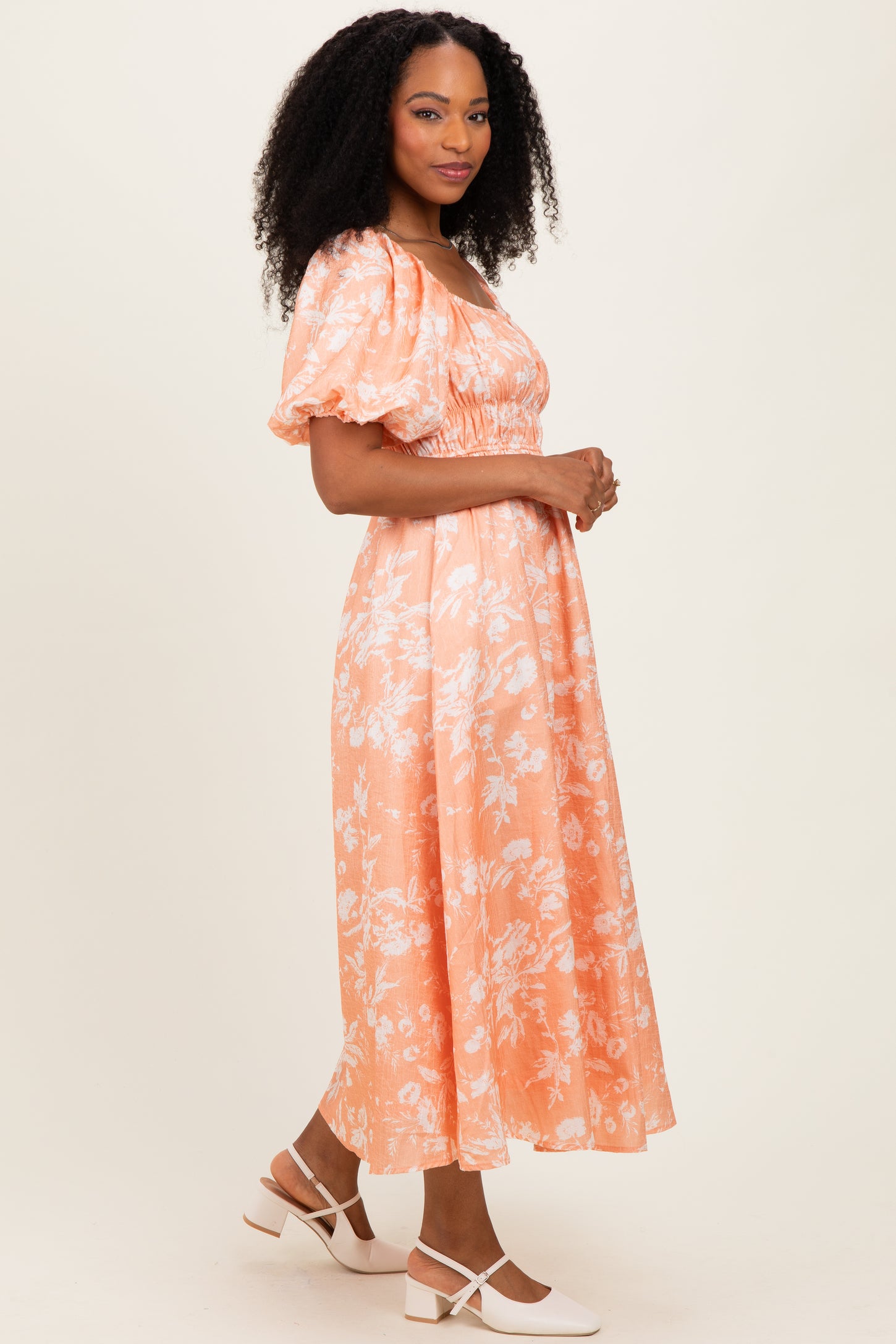 Peach Floral Textured Puff Sleeve Midi Dress