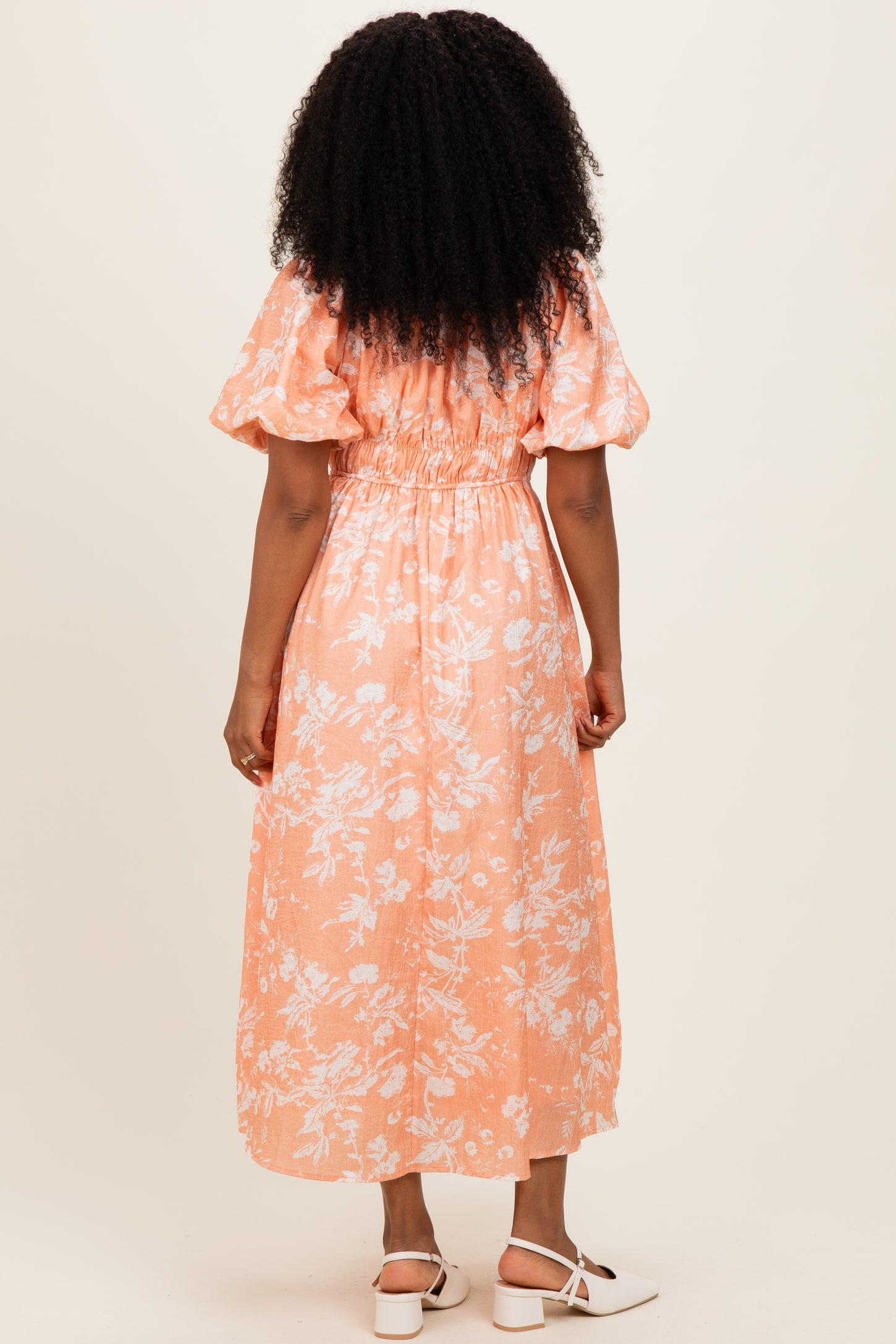 Peach Floral Textured Puff Sleeve Midi Dress