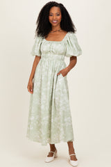 Sage Puff Sleeve Smocked Waist Midi Dress