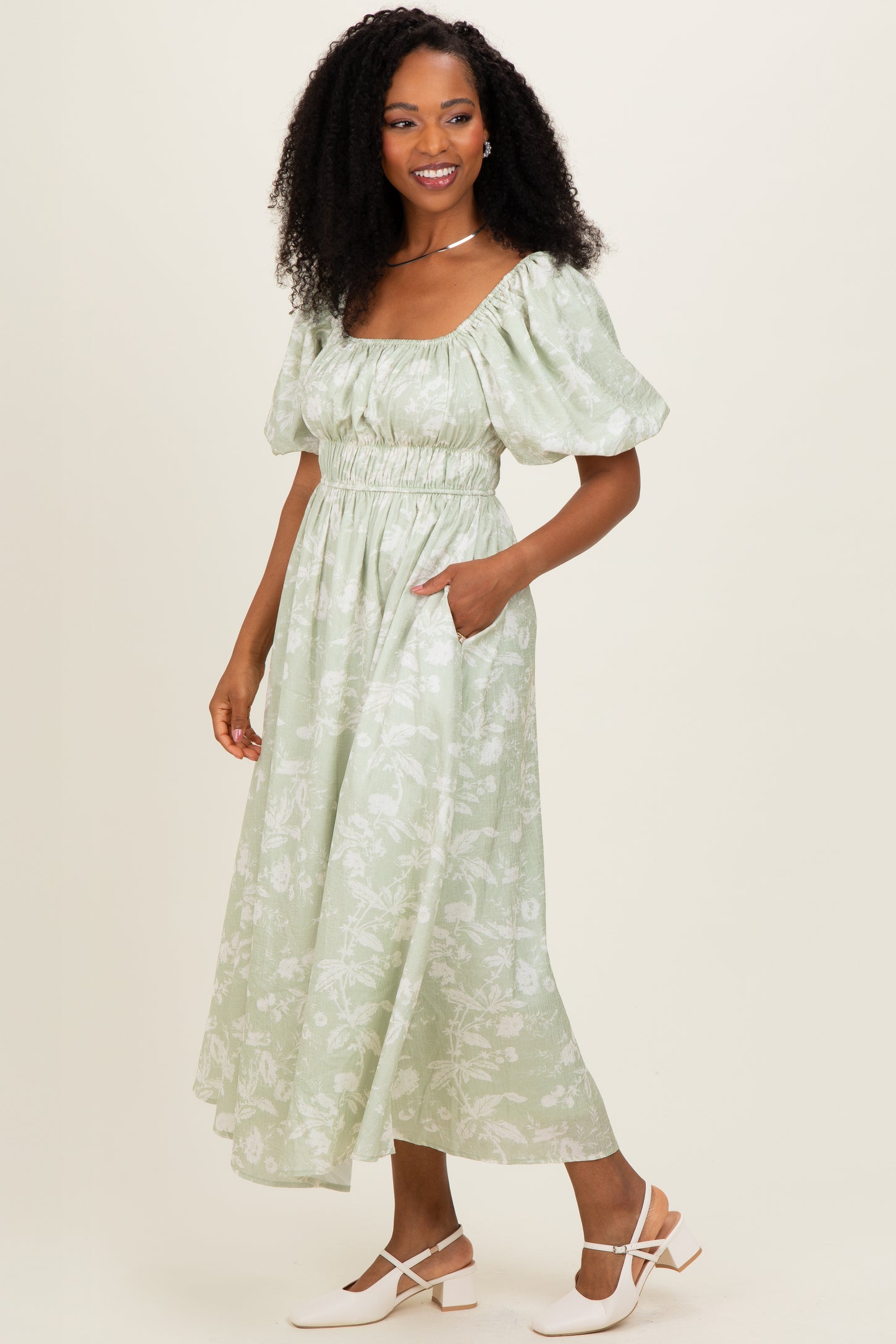 Sage Puff Sleeve Smocked Waist Midi Dress