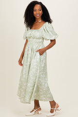 Sage Puff Sleeve Smocked Waist Midi Dress