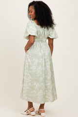 Sage Puff Sleeve Smocked Waist Midi Dress